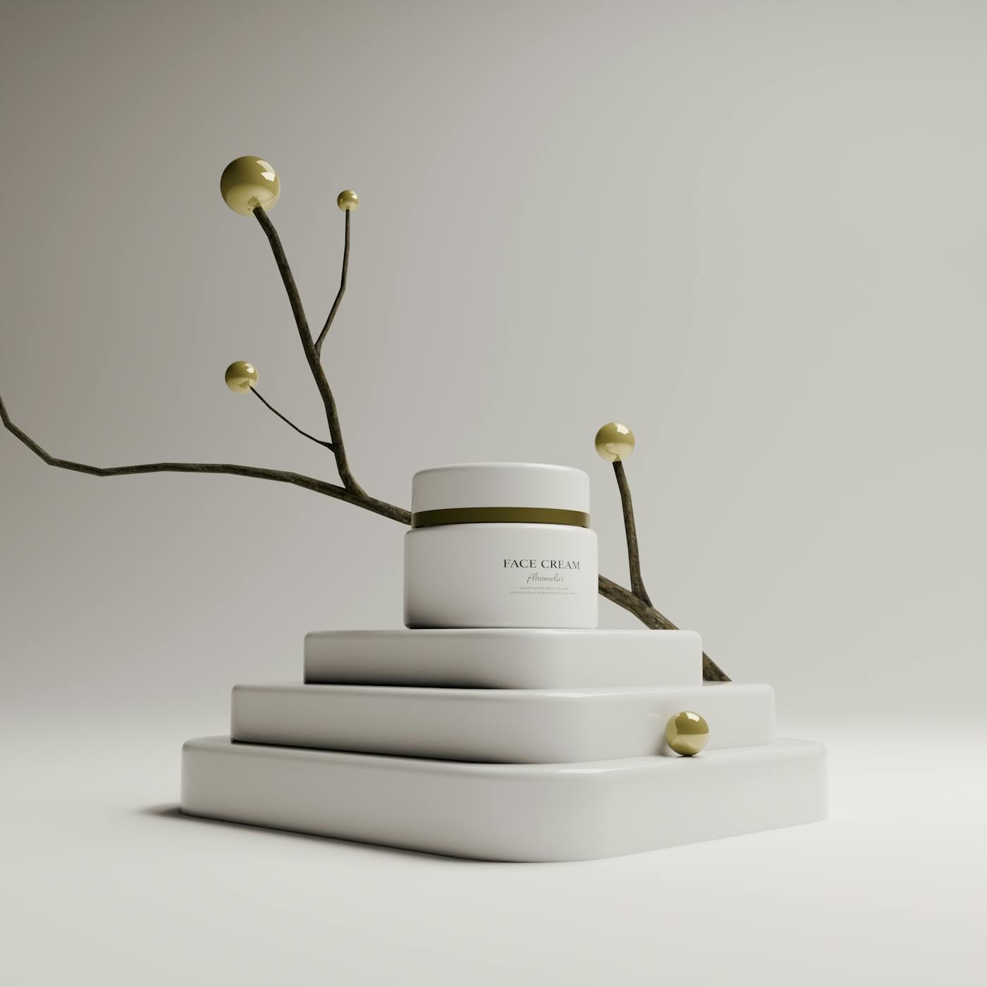 Cosmetic jar on a minimalist pedestal styled for hotel guest amenities.